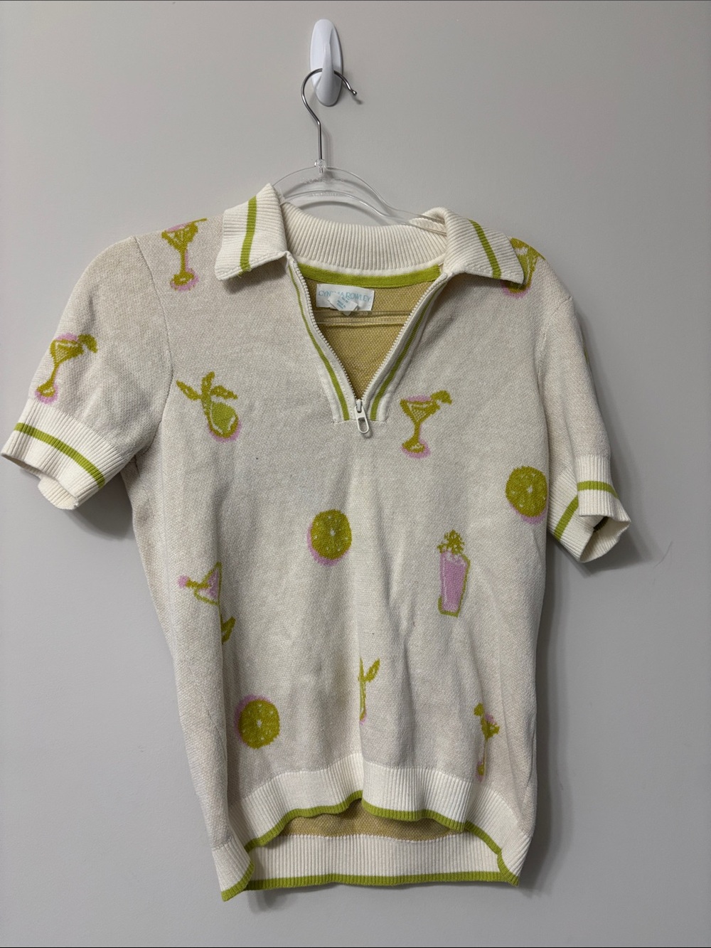 Cynthia Rowley Cream Knit Polo with Lime Green & Pink Cocktail Motifs